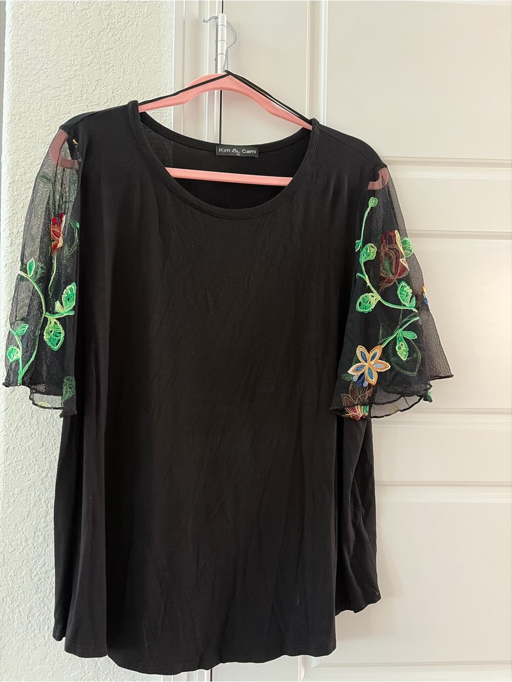 Kim & Cami Black Tee with Embroidered Floral Mesh Sleeves